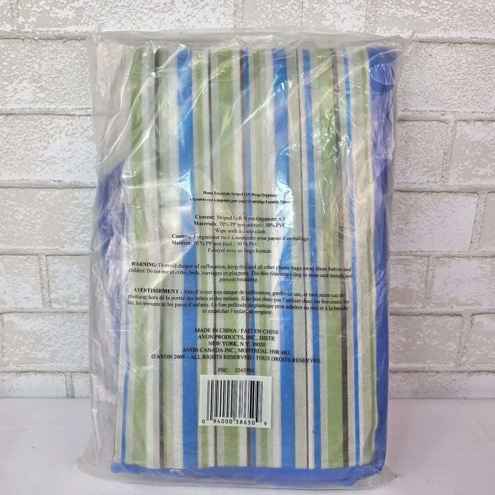 Avon Hanging Gift Wrap Organizer Striped Blue Green Storage Bag New Sealed